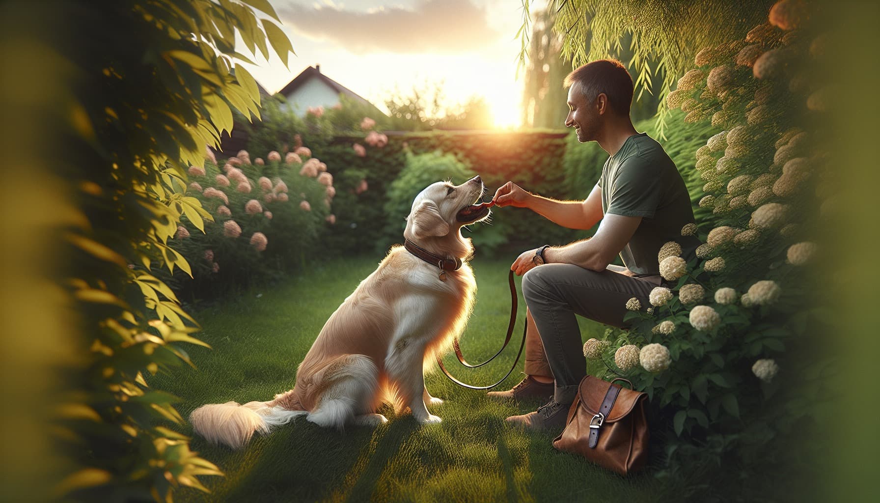 Golden retriever training in a beautiful garden