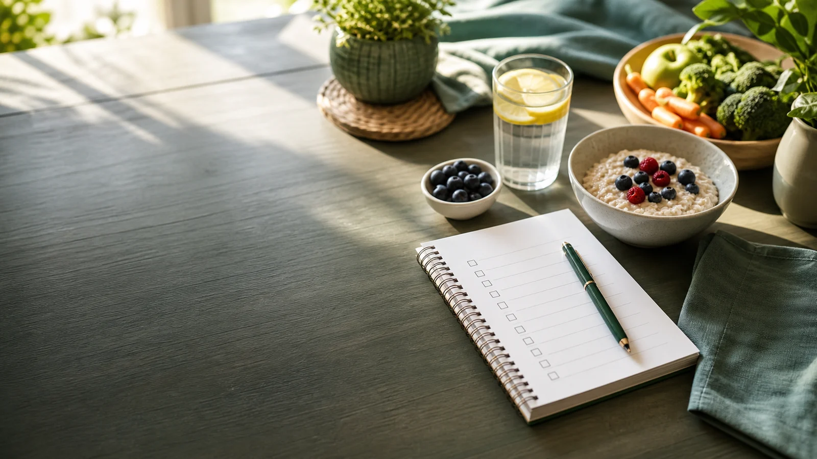Designed guide hero showing a calm kitchen table with a checklist, water glass, and colorful plant-forward meal for gut-support habits after 65.