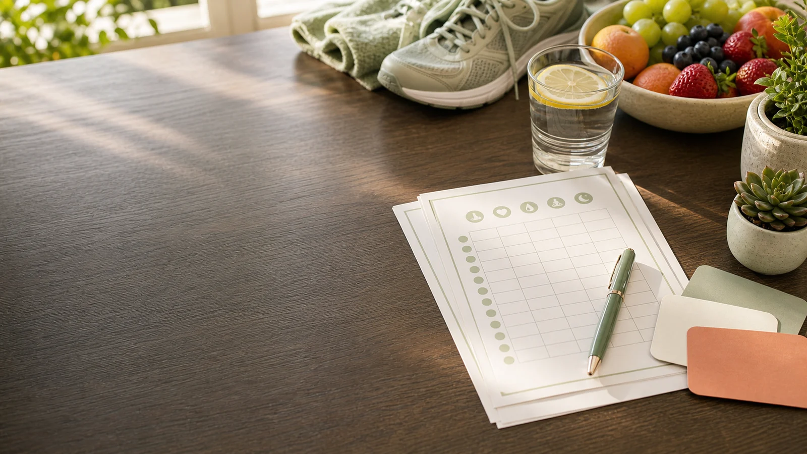 Designed guide hero showing a daily tracker page, walking shoes, water glass, and appointment notes for older adults.