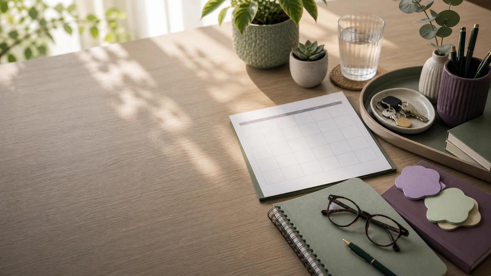 Designed guide hero showing a calendar, notebook, keys tray, and simple focus routine checklist.