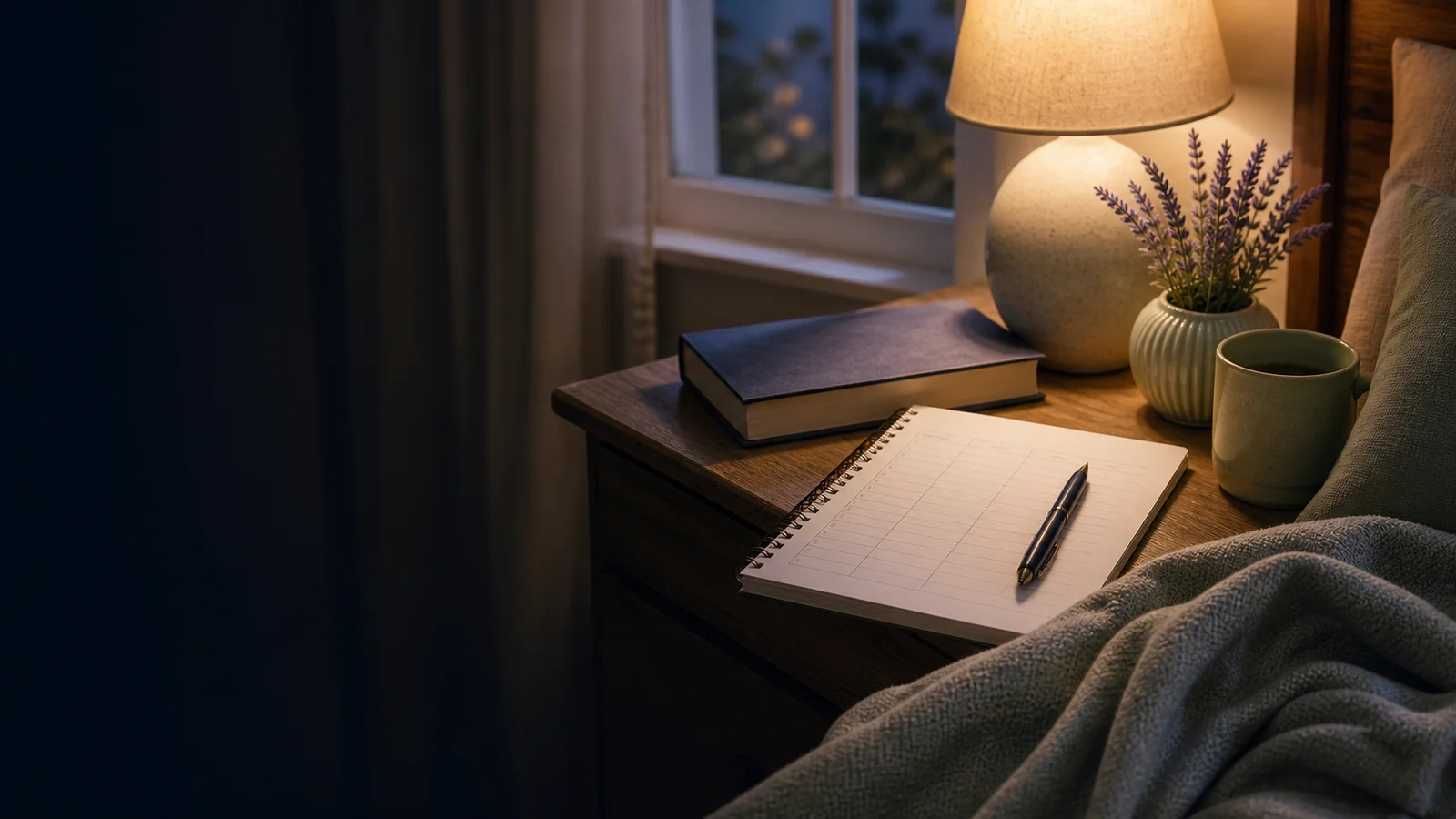 Designed guide hero showing a calm bedside routine, sleep log, dim lamp, and book for adults over 60.