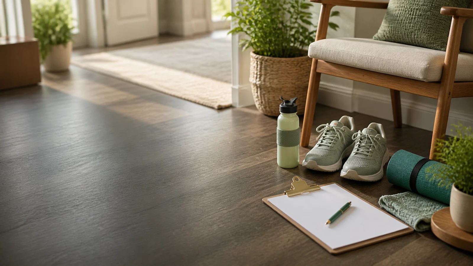 Designed guide hero showing walking shoes, a chair, and a simple movement plan for safer daily mobility.
